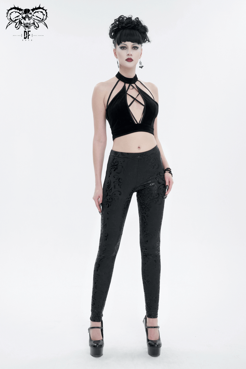 Chic gothic black floral and pentagrams leggings paired with a stunning velvet crop top for a bold fashion statement.
