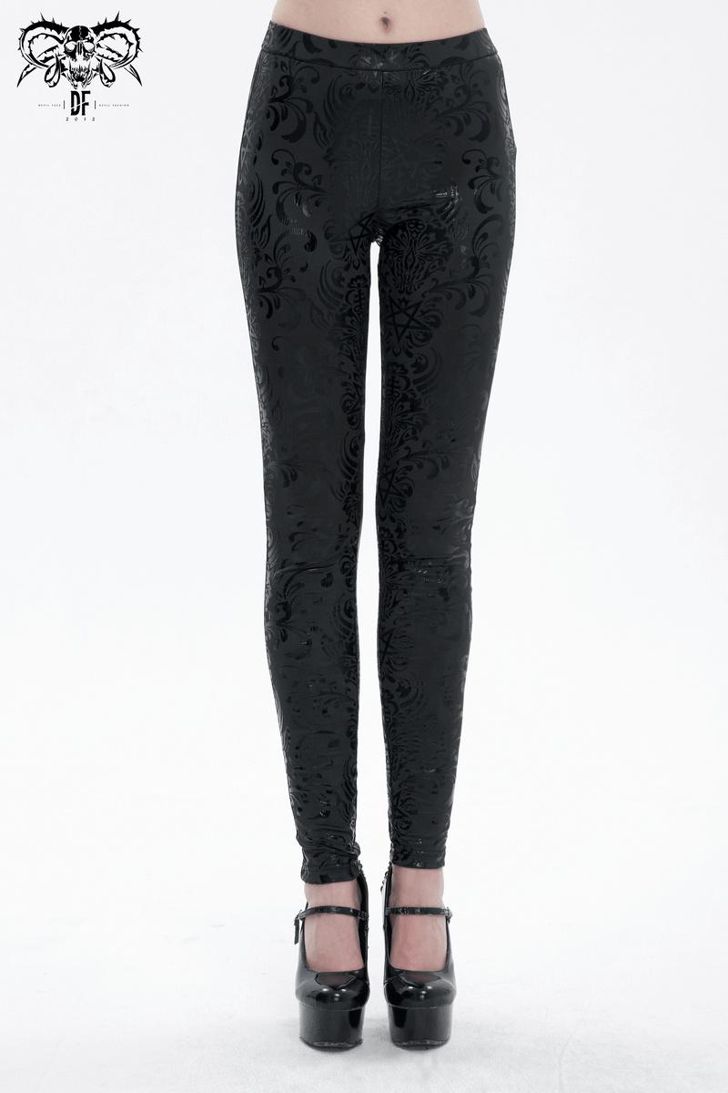 Chic gothic women's black floral and pentagram leggings for stylish comfort and elegance.