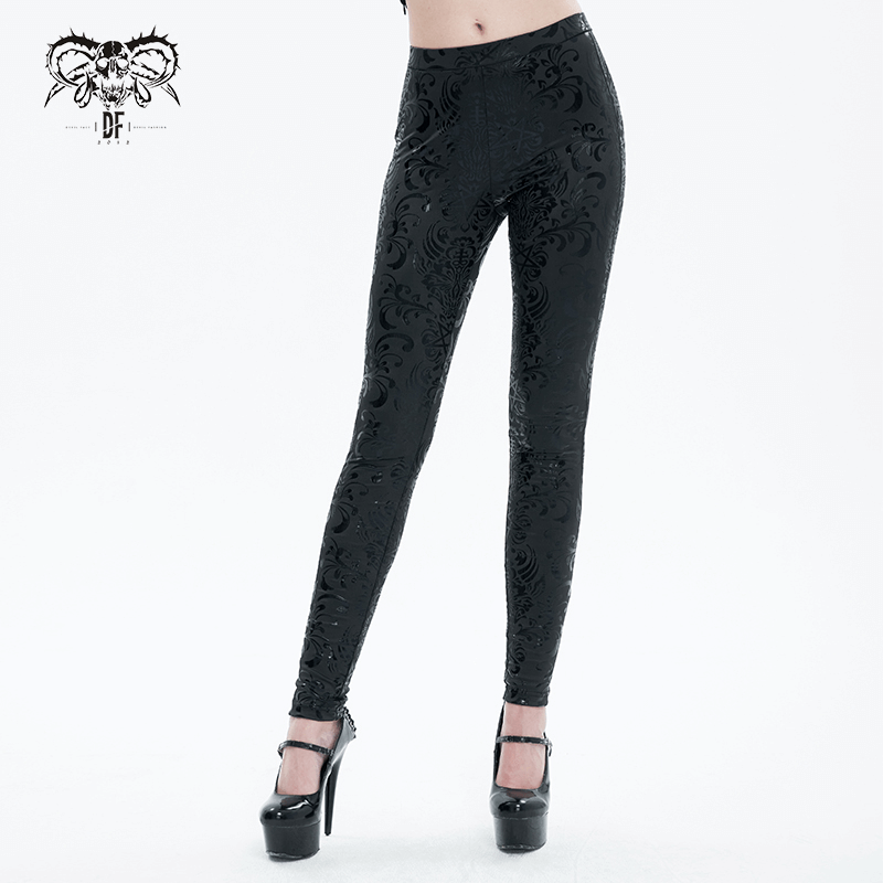 Chic black floral and pentagram leggings for women, perfect for gothic style lovers looking for elegance and comfort.
