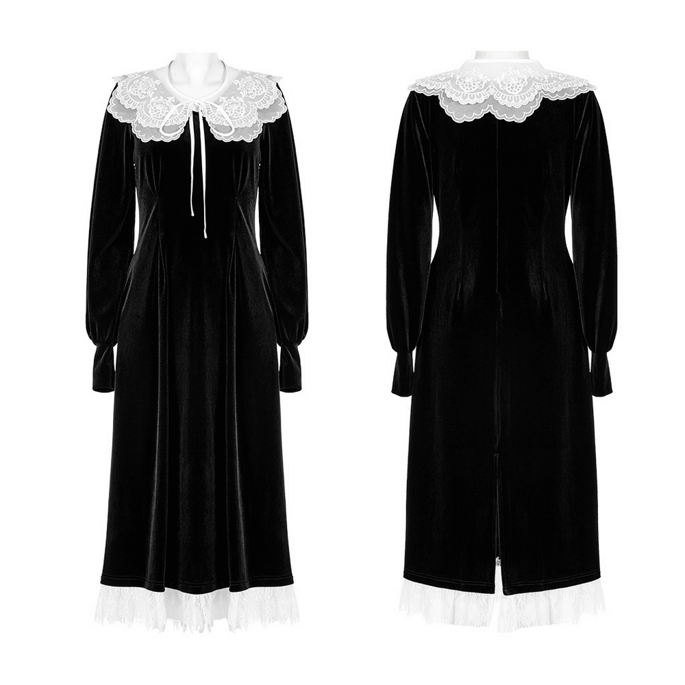 Fashion Black Gothic Velvet Lace Collar Midi Dress