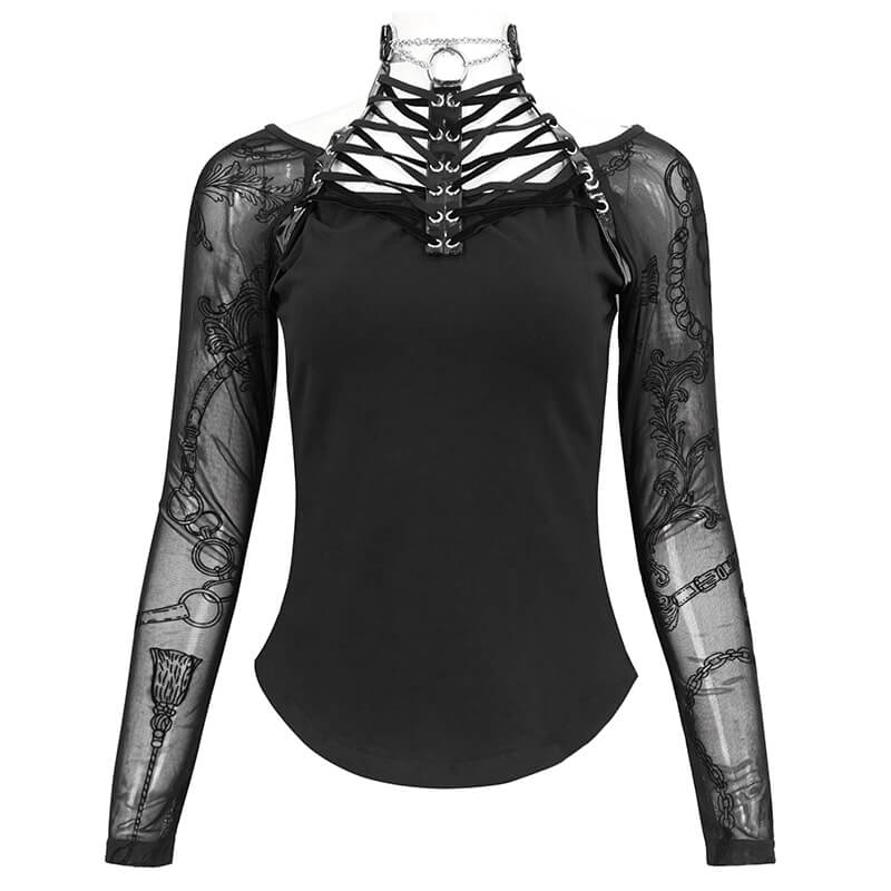 Fashion Black Patterned Net Sleeves Top / Stylish Women's Choker Neck Top in Gothic Style