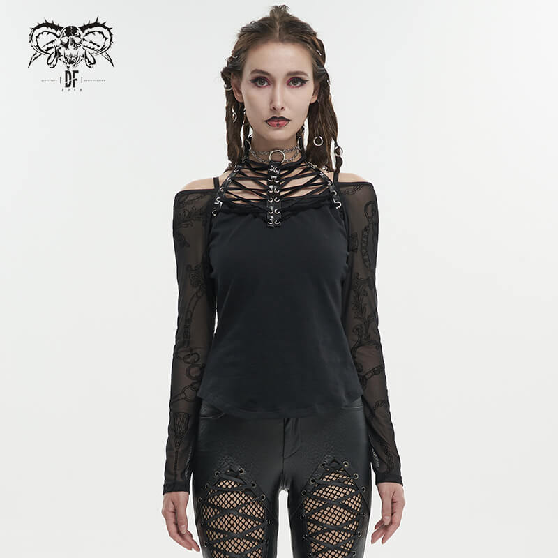 Fashion Black Patterned Net Sleeves Top / Stylish Women's Choker Neck Top in Gothic Style