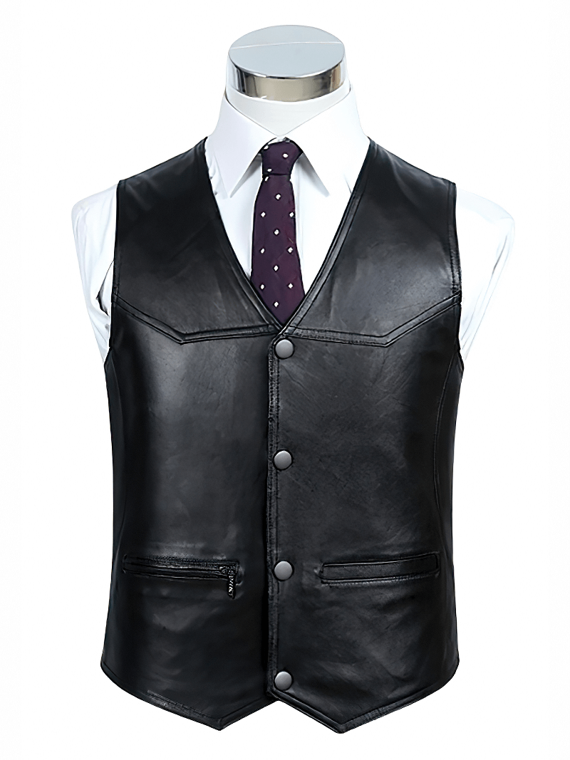 Stylish black real leather vest on a mannequin, perfect for alternative fashion and rock-inspired outfits.