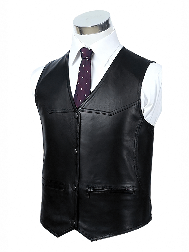 Fashionable black real leather vest on a mannequin, featuring a V-neck design, perfect for alternative rock-inspired outfits.