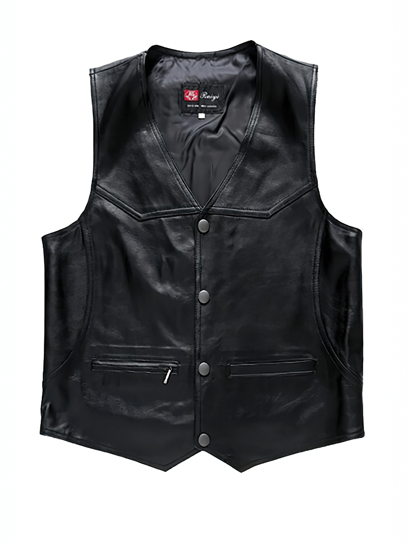 Fashionable black real leather vest with v-neck and zipper pockets for alternative style outfits.