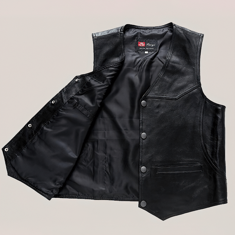 Black genuine leather vest with a sleek design, perfect for alternative fashion and adding a rock style to any outfit.