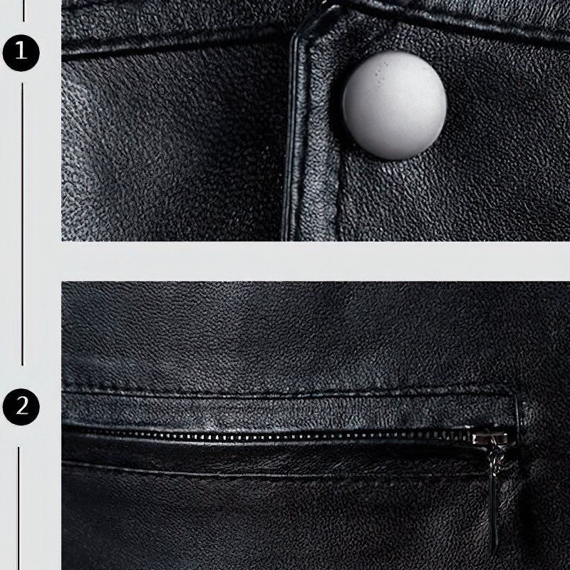 Close-up of a black real leather vest showing button detail and zippered pocket for stylish functionality.