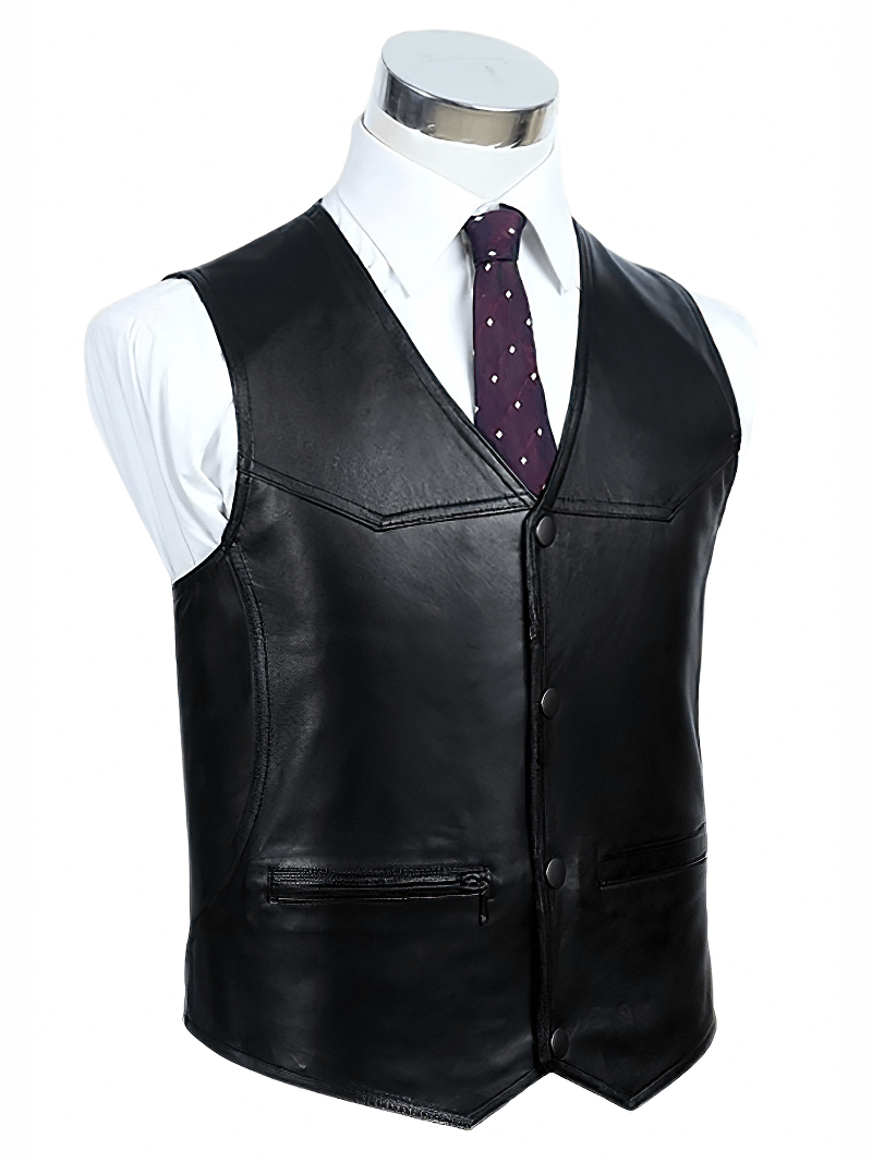 Stylish black real leather vest on mannequin, perfect for alternative fashion and rock styles, ideal for any outfit.