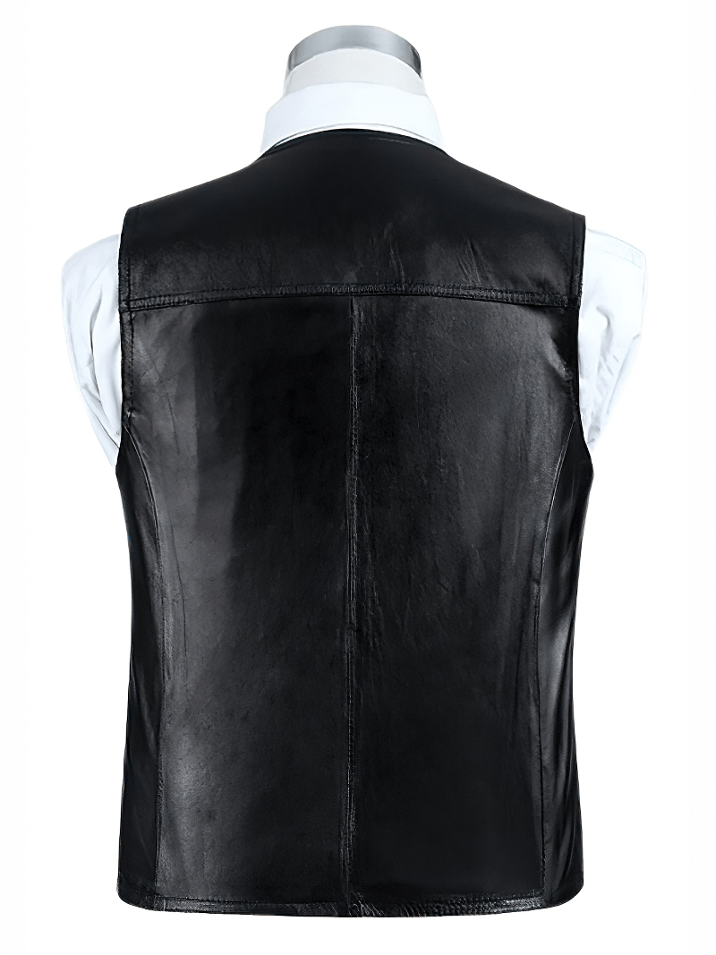 Back view of a stylish black real leather vest designed for alternative fashion and rock style outfits.