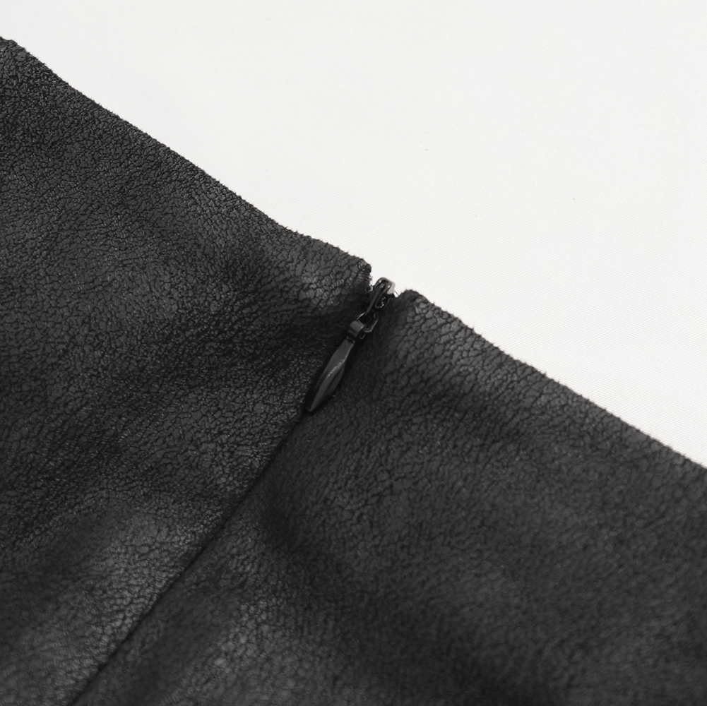 Close-up of the zipper on a black Gothic skirt, showcasing its elegant texture and design details.