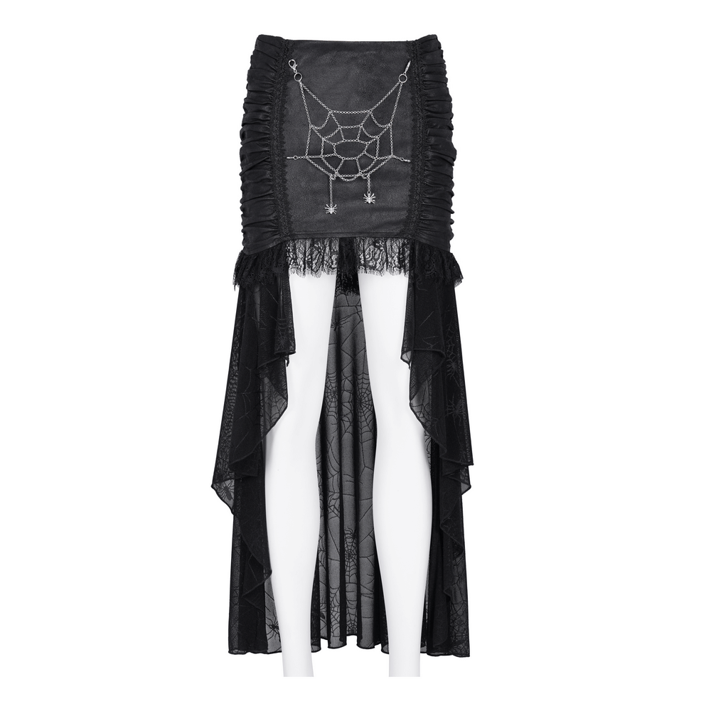 Gothic black spider web skirt with asymmetric design and lace detailing for a dark, elegant look.