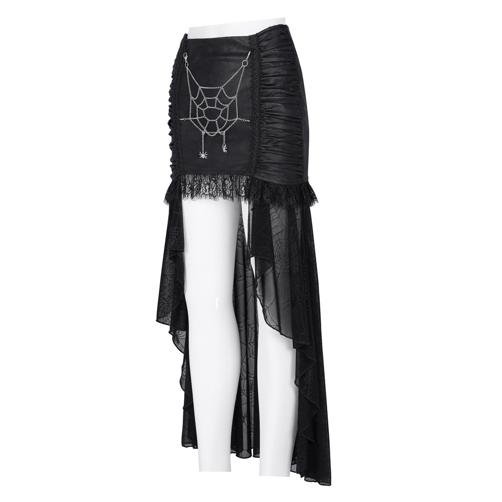 Elegant black gothic asymmetric spider web skirt with lace detailing, perfect for dark fashion enthusiasts.