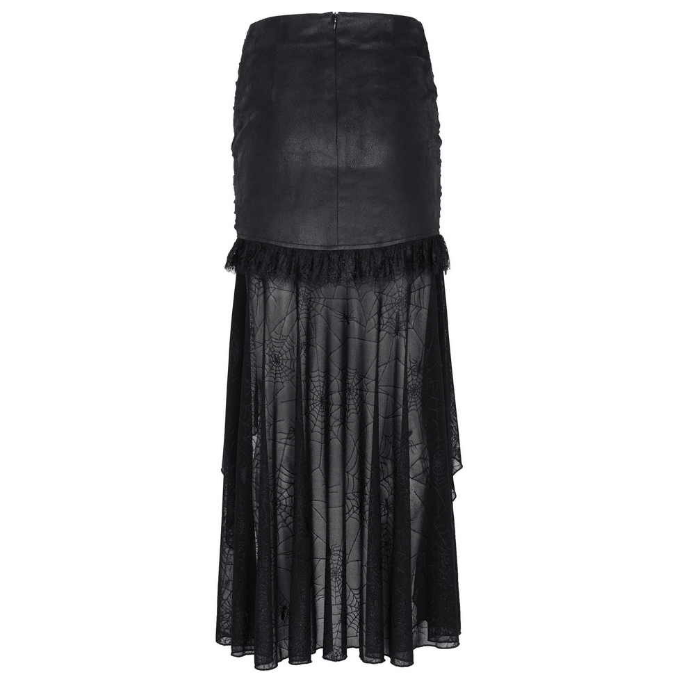 Elegance Gothic Black Spider Web Skirt featuring asymmetric design and lace detailing for women. Perfect for gothic fashion lovers.