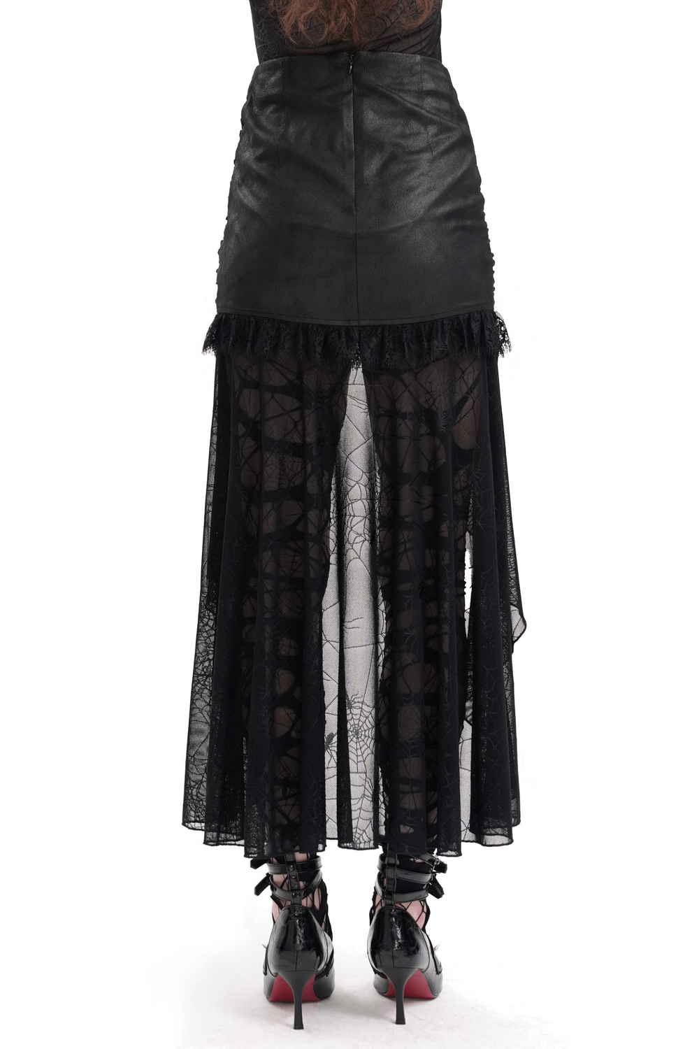 Elegant black spider web gothic skirt with asymmetric design and lace detailing, perfect for gothic fashion lovers.