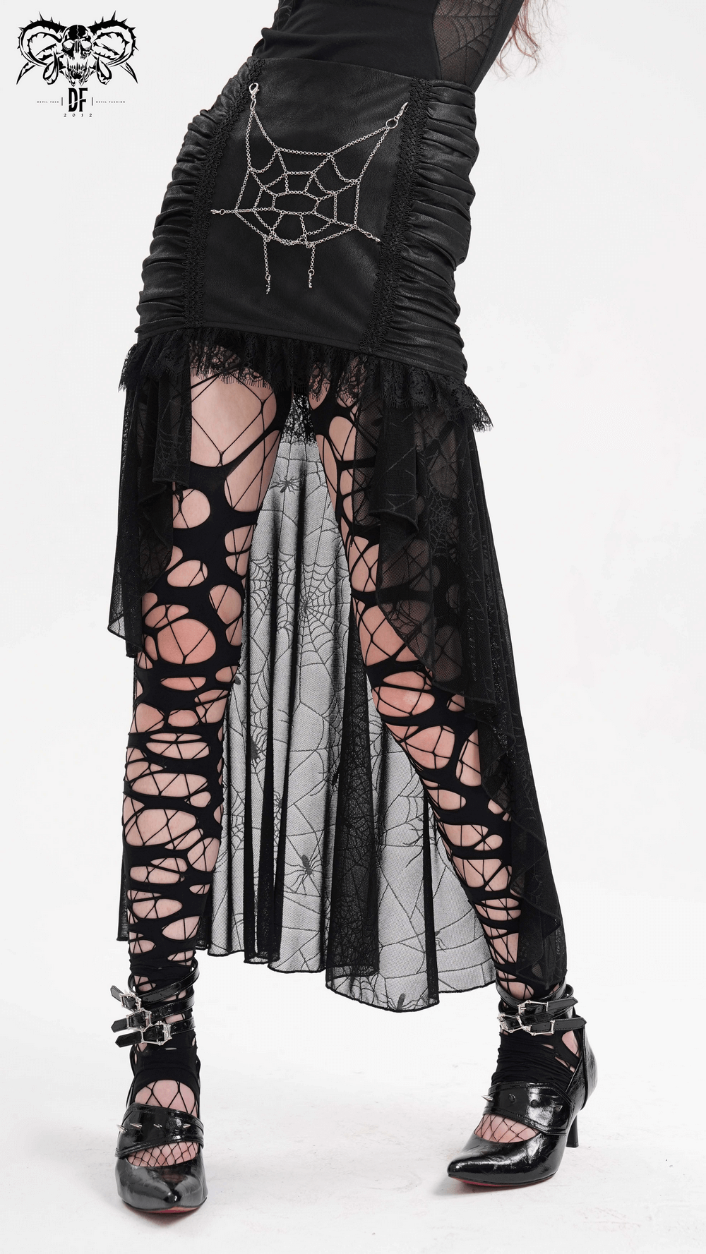 Black gothic spider web asymmetric skirt with lace detailing, perfect for edgy fashion lovers.