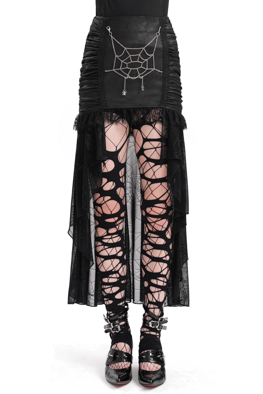 Fashionable black gothic skirt with spider web design, paired with edgy ripped tights for a striking look.