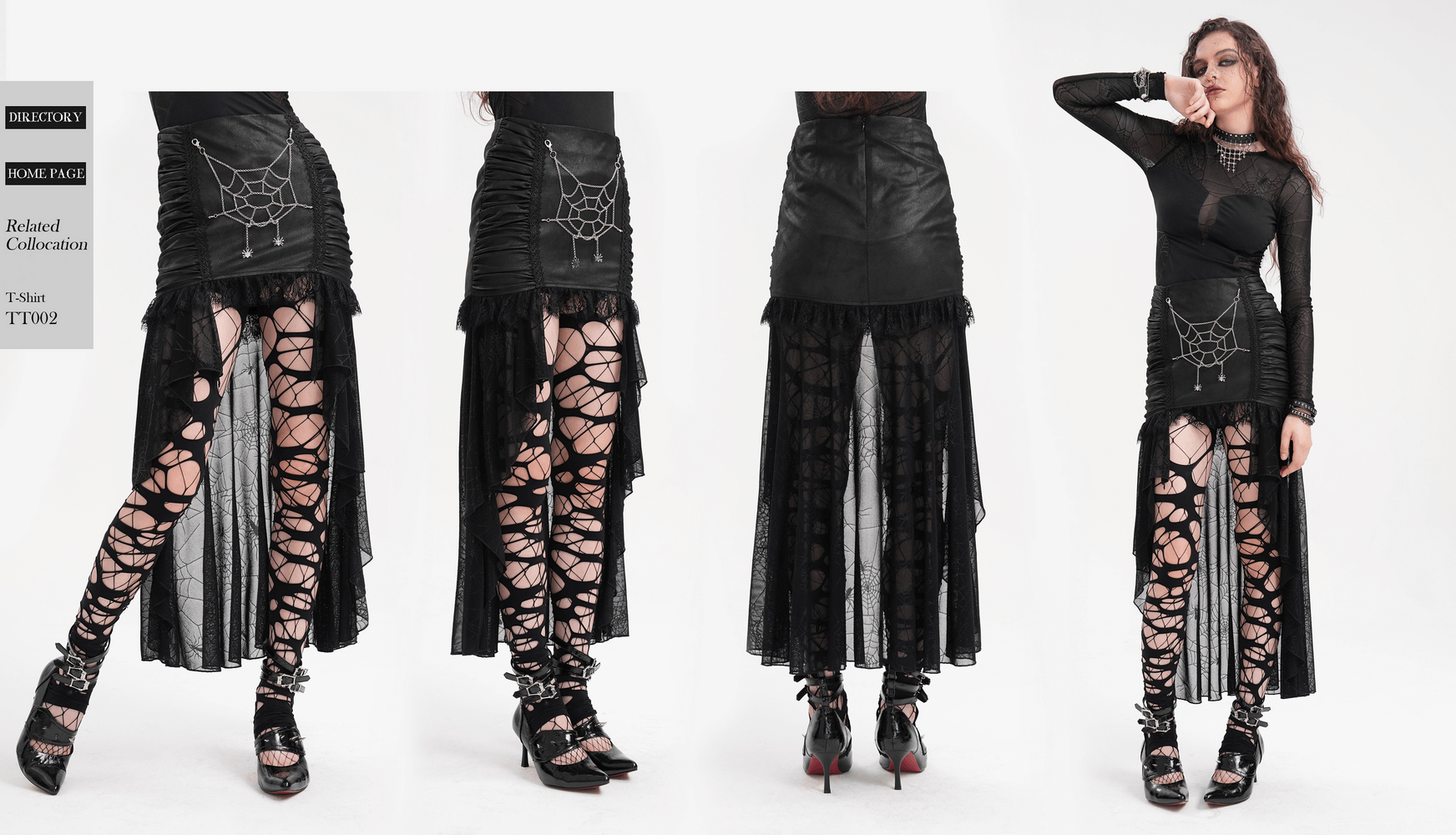 Stylish woman in a black asymmetric spider web gothic skirt, showcasing lace details and a bold, edgy look.