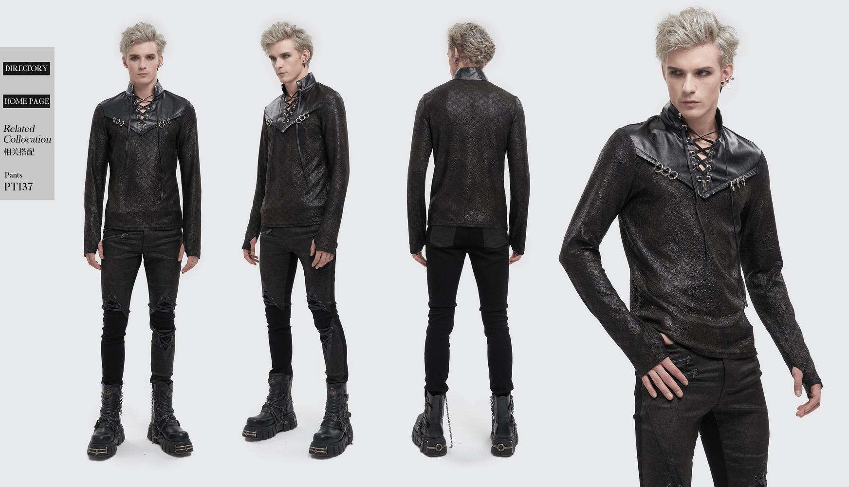 Gothic men's black sweatshirt with stand collar, lace-up design, and metal rings, showcasing edgy style and comfort.