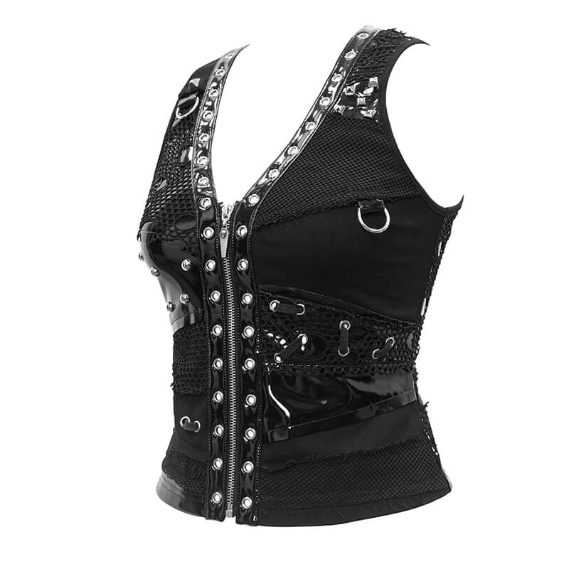 Stylish black women's punk vest with rivets and zipper, showcasing gothic fashion details and a fitted cut.