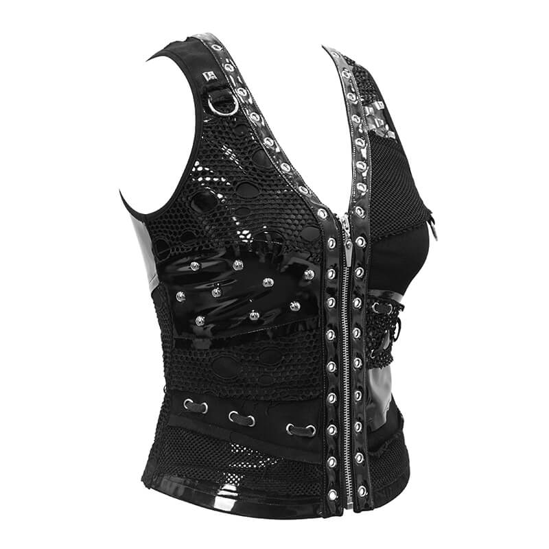 Stylish women's black V neck waistcoat with rivets and zipper, perfect for punk fashion lovers.