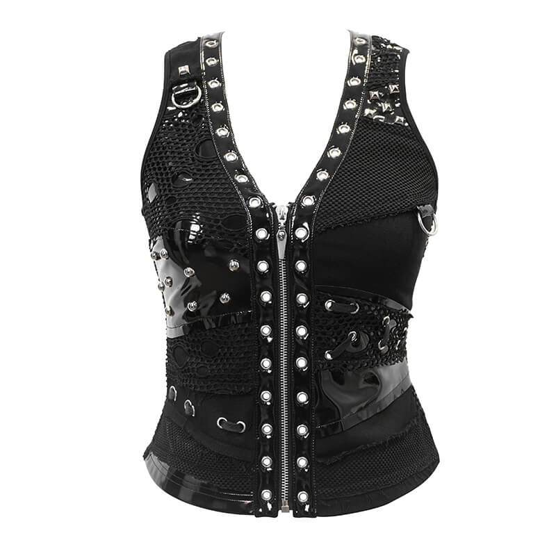 Fashionable women's black V neck waistcoat with rivets, showcasing a punk style and sleeveless design.