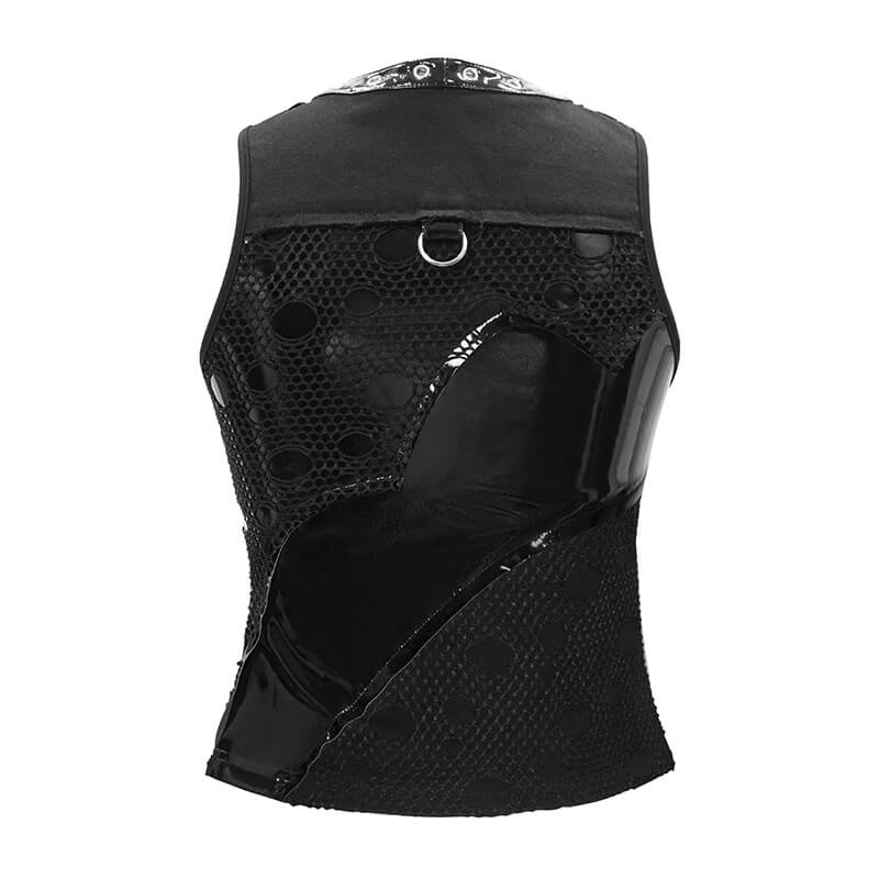 Back view of women's black punk style waistcoat with mesh and shiny panels, featuring rivets and a stylish design.