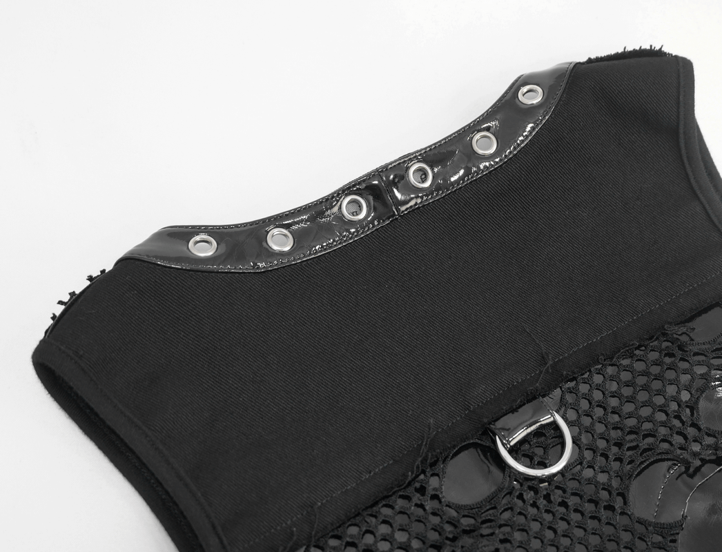 Stylish black women's punk waistcoat with rivets and mesh detail, perfect for gothic fashion lovers.