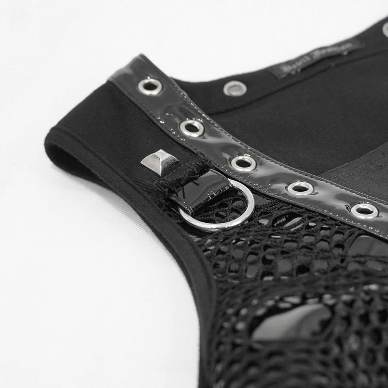 Close-up of a women's black punk style vest showcasing shiny rivets and a zipped detail for a gothic fashion look.