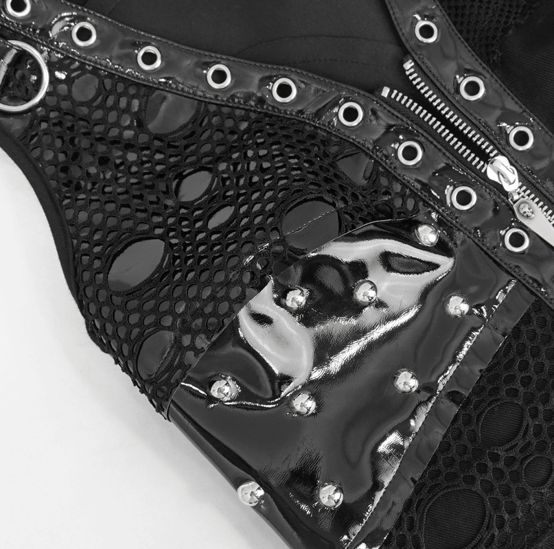 Close-up of a stylish black punk vest featuring mesh fabric and silver rivets, perfect for gothic fashion lovers.