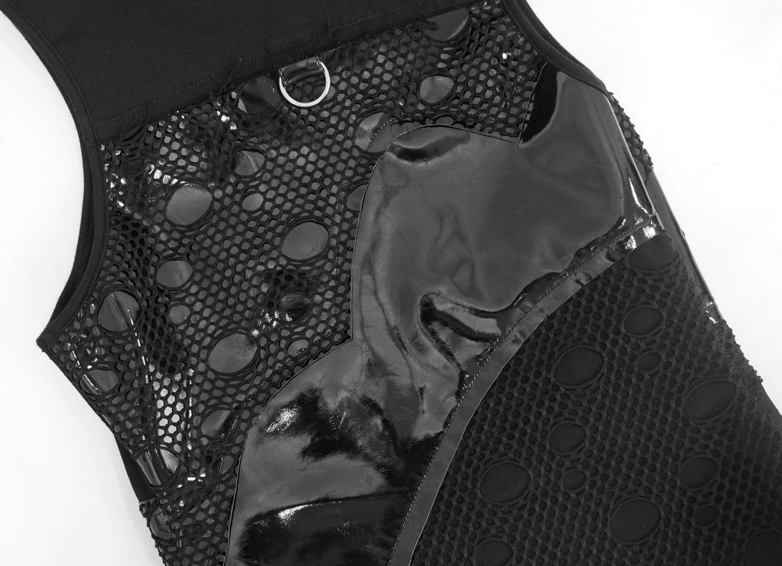 Close-up of a stylish women's black waistcoat showcasing mesh and glossy panels, perfect for a punk fashion look.