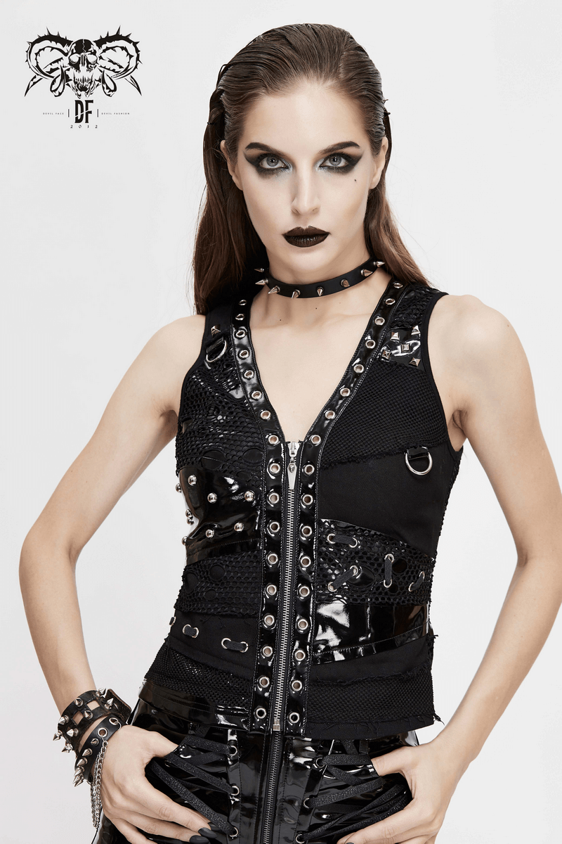 Stylish women's black v neck waistcoat with rivets, perfect for gothic and punk fashion lovers.