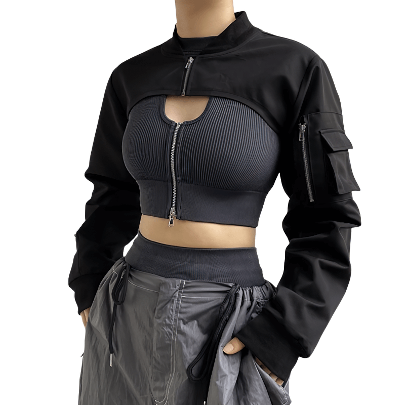 Fashionable black zipper cropped top with pockets on sleeves, stylish punk-inspired women's outfit.
