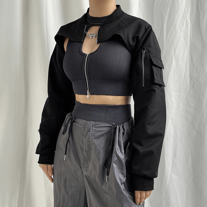 Fashion Black Zipper Cropped Top with Pockets on Sleeves / Women's Outfits in Punk Style - HARD'N'HEAVY