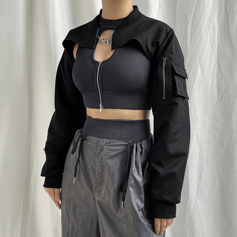 Fashionable black zipper cropped top with sleeve pockets, showcasing punk style for women. Perfect for a rebellious outfit.