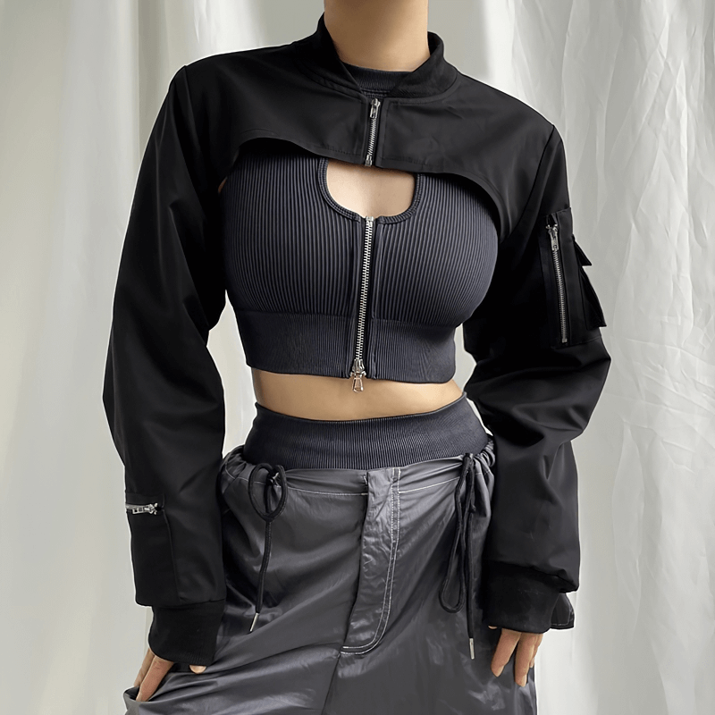 Women's black zipper cropped top with unique pocket details and stylish cut-out, perfect for punk fashion.