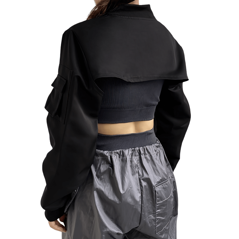 Women's fashion black cropped top with patch pockets and stylish back, perfect for punk-inspired outfits.