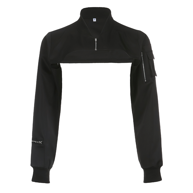 Fashionable black zipper cropped top with unique pockets on sleeves, perfect for women's punk style outfits.