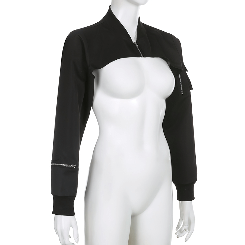 Fashion black zipper cropped top with pockets on sleeves, perfect for a punk style outfit.