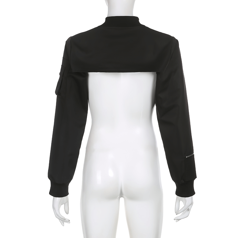Back view of black zipper cropped top with sleeve pockets, showcasing punk style for women.