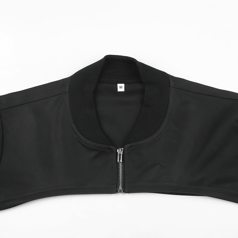 Fashion black zipper cropped top with unique collar and sleeves, perfect for punk style outfits.