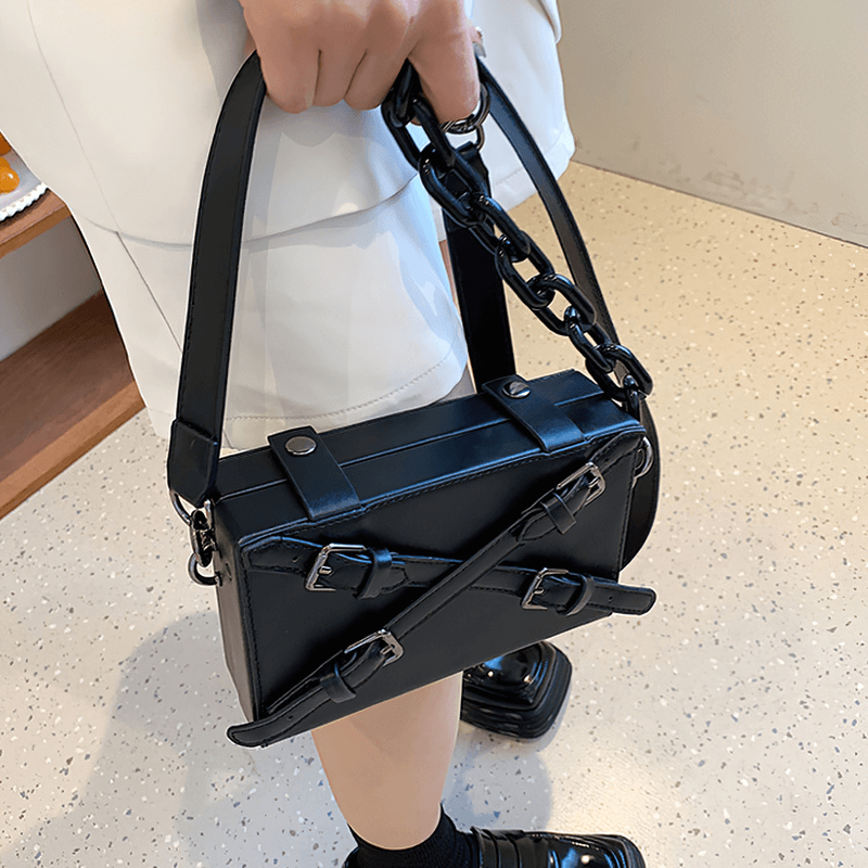 Fashion Box Shape Buckled Bag With Long Strap / Mini Single Shoulder Bag - HARD'N'HEAVY
