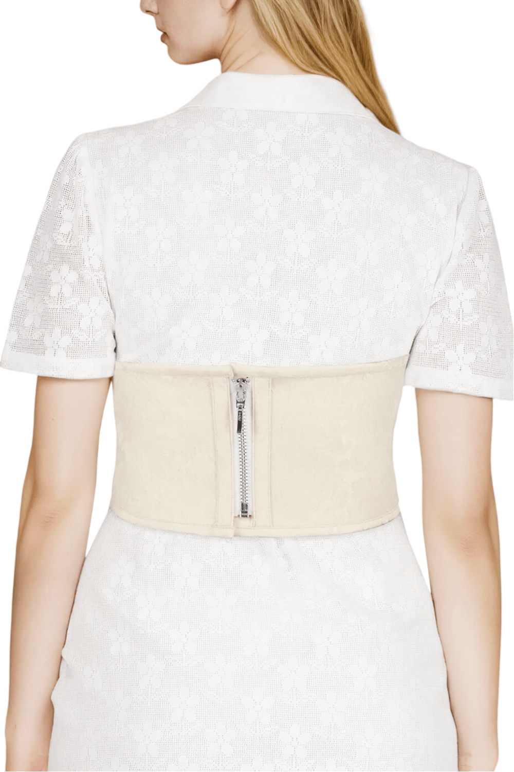 Elegant ivory brocade corset belt with back zipper, perfect for enhancing silhouette and vintage-inspired outfits.