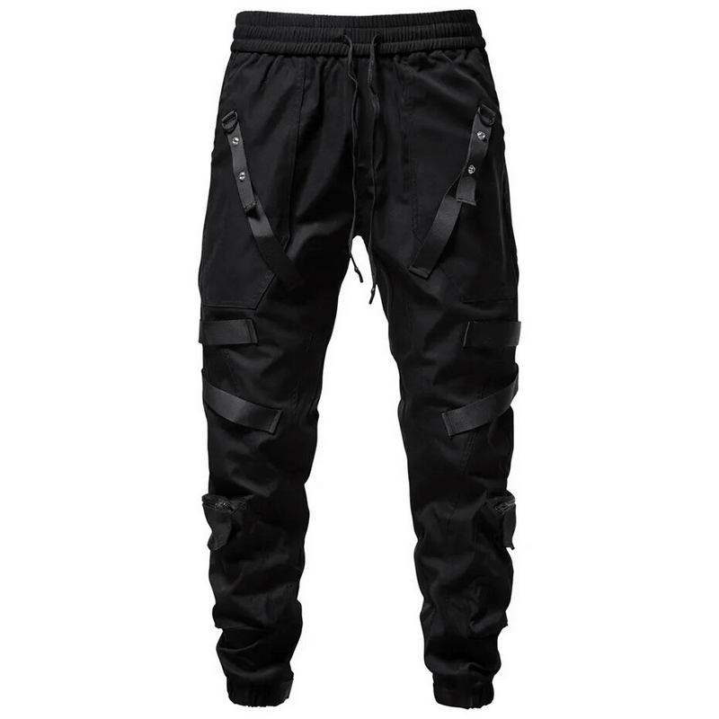 Men's black cargo pants with pockets and elastic waist for casual and fashionable style.