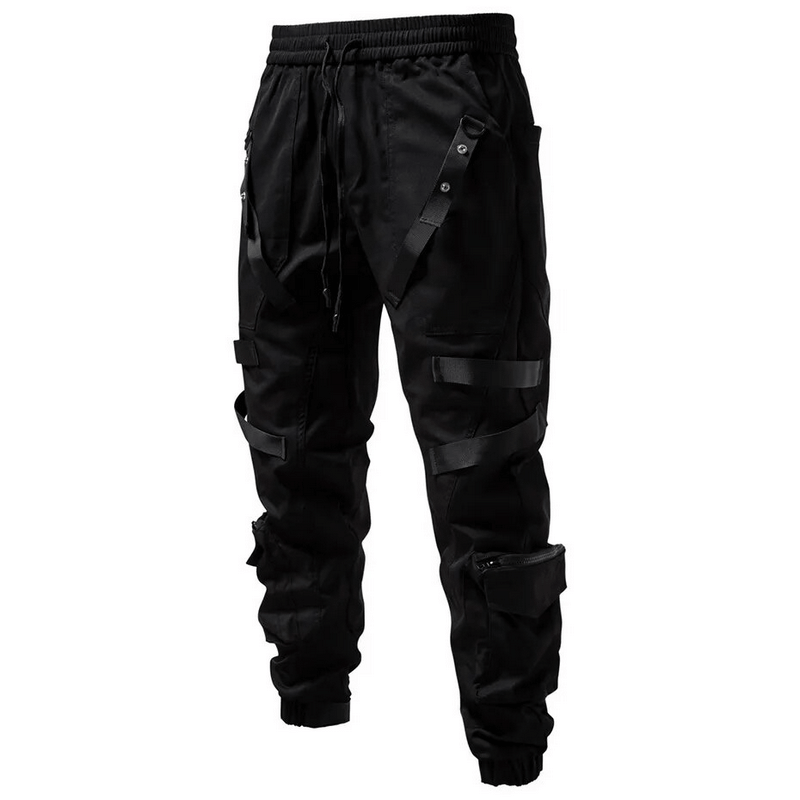 Men's black fashion cargo pants with pockets and elastic waist for stylish comfort.