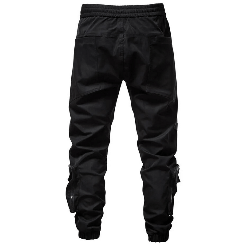 Back view of men's black elastic waist cargo pants with pockets, showcasing casual fashion and comfort.