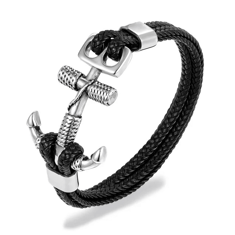 Stylish black leather anchor bracelet, perfect punk jewelry for men, featuring a unique anchor lock design.