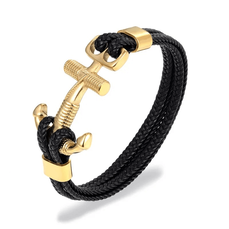 Stylish gold anchor leather bracelet for men in punk style, showcasing a black braided design.