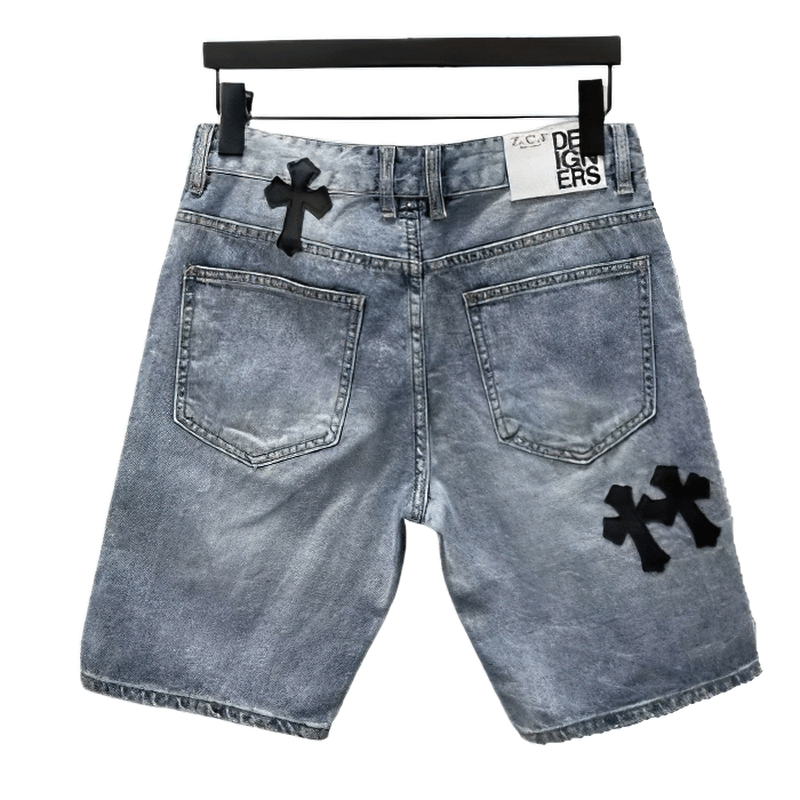Fashion Cross Leather Fitted Denim Shorts with Pockets / Men's Blue Zipper Shorts - HARD'N'HEAVY