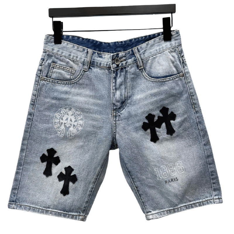 Fashion Cross Leather Fitted Denim Shorts with Pockets / Men's Blue Zipper Shorts - HARD'N'HEAVY