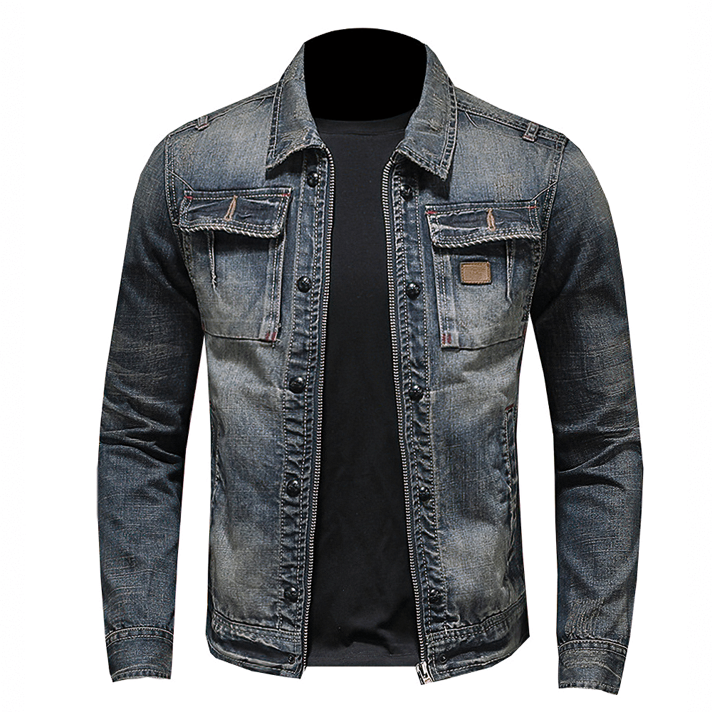 Stylish gray denim jacket for men, featuring a fitted cut and casual style, perfect for creating versatile outfits.